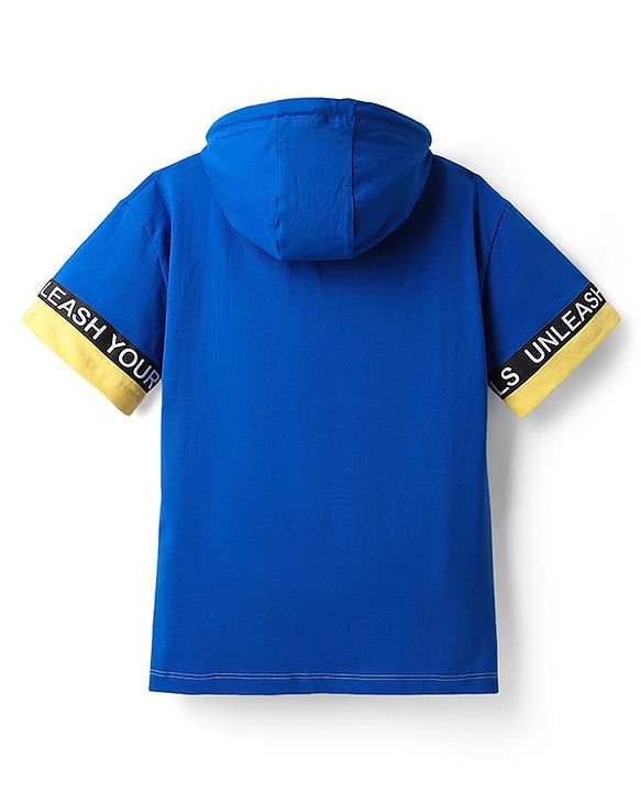 Pine Kids Cotton Knit Half Sleeves Cut & Sew Hooded T-Shirt & Lounge Pant Set with Text Print - Blue & Yellow