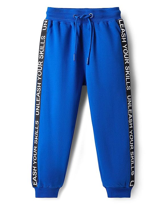Pine Kids Cotton Knit Half Sleeves Cut & Sew Hooded T-Shirt & Lounge Pant Set with Text Print - Blue & Yellow