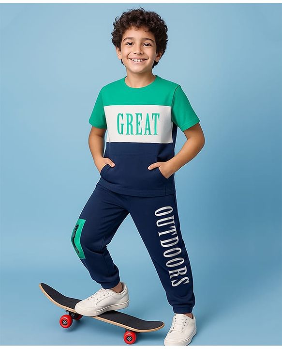 Pine Kids Cotton Knit Half Sleeves Cut & Sew T-Shirt & Lounge Pant Set with Text Print - Navy Blue