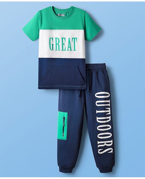 Pine Kids Cotton Knit Half Sleeves Cut & Sew T-Shirt & Lounge Pant Set with Text Print - Navy Blue