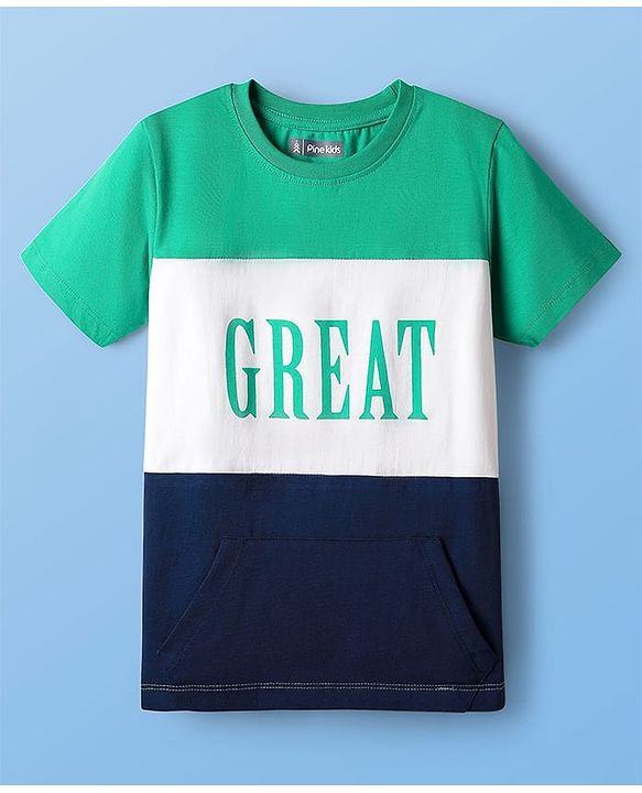 Pine Kids Cotton Knit Half Sleeves Cut & Sew T-Shirt & Lounge Pant Set with Text Print - Navy Blue