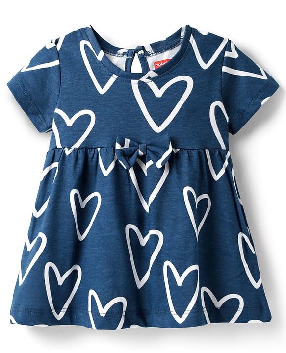 Babyhug Single Jersey Knit Half Sleeves Frock With Bow Applique - Navy Blue