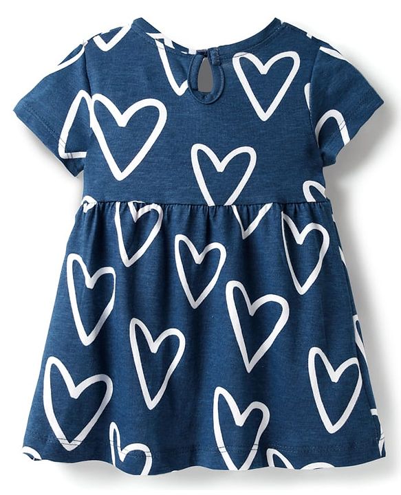 Babyhug Single Jersey Knit Half Sleeves Frock With Bow Applique - Navy Blue