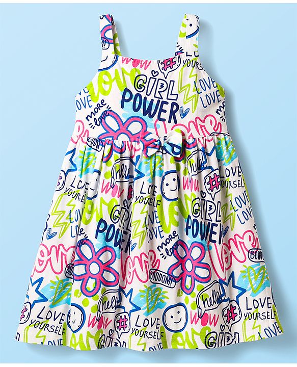 Babyhug Cotton Knit Sleeveless Printed Frock With Shrug - White & Blue