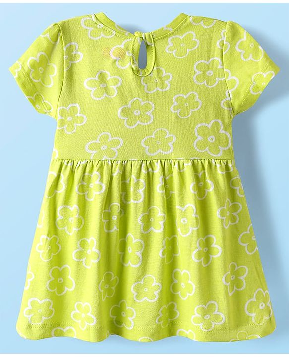 Babyhug Single Jersey Knit Half Sleeves Frock With Floral Print & Bow Applique - Limegreen