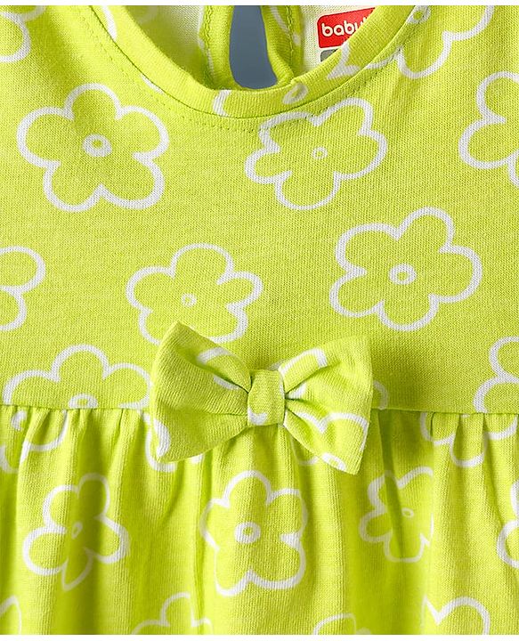 Babyhug Single Jersey Knit Half Sleeves Frock With Floral Print & Bow Applique - Limegreen