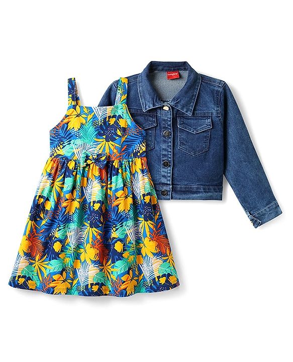 Babyhug 100% Cotton Knit Frock & Full Sleeves Jacket With Floral Print - Blue