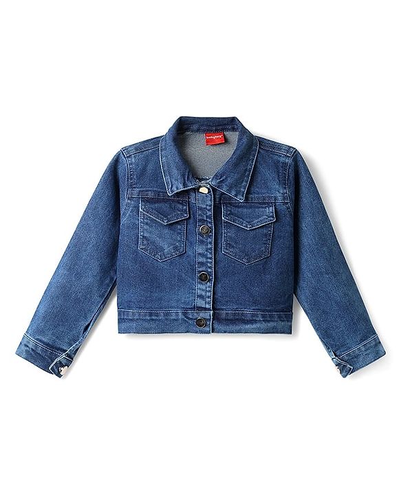 Babyhug 100% Cotton Knit Frock & Full Sleeves Jacket With Floral Print - Blue