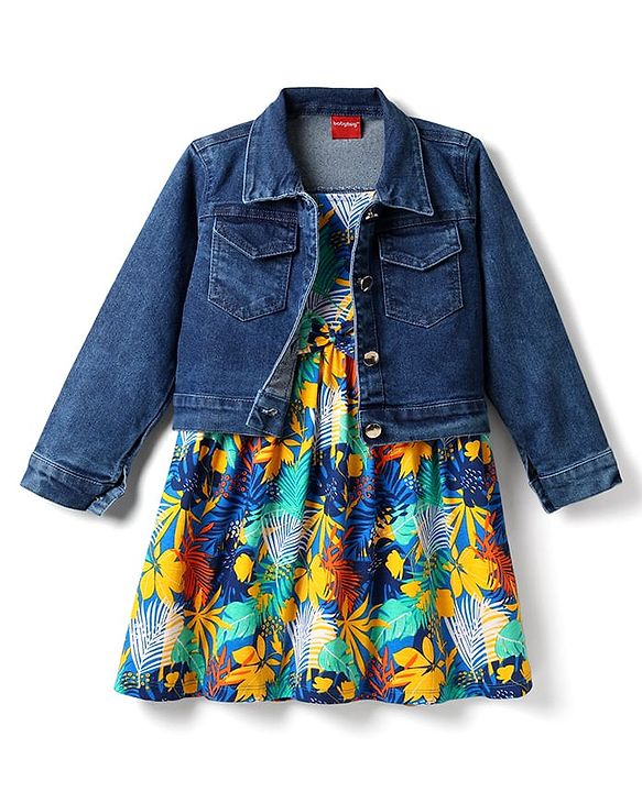 Babyhug 100% Cotton Knit Frock & Full Sleeves Jacket With Floral Print - Blue