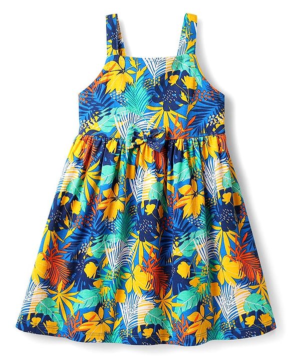 Babyhug 100% Cotton Knit Frock & Full Sleeves Jacket With Floral Print - Blue