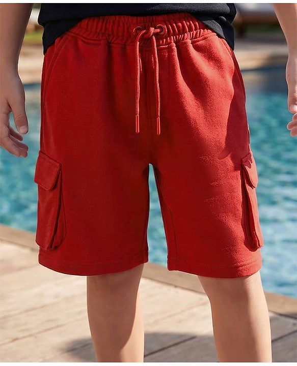 Pine Kids Looper Knit Above Knee Length Solid Shorts With Cargo Pockets - Maroon