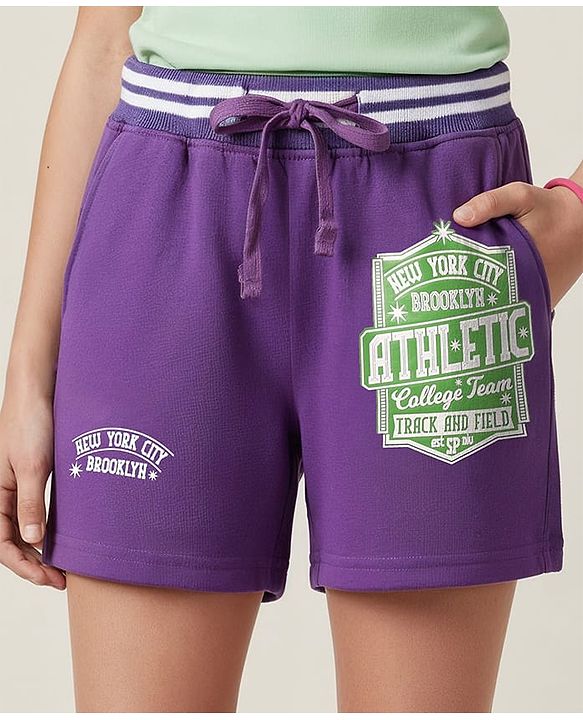 Pine Kids Looper Knit Mid Thigh Shorts With Text Print - Purple