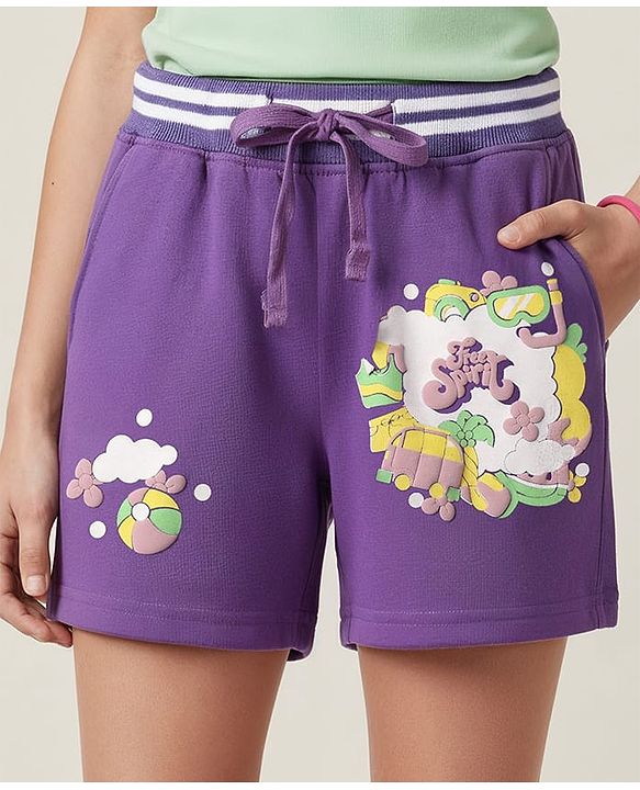Pine Kids Looper Knit Mid Thigh Shorts With HD Print - Purple