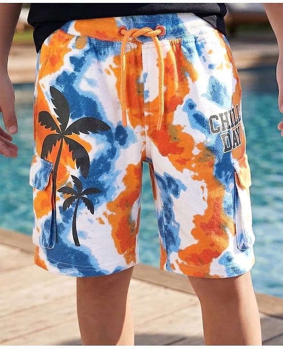 Pine Kids Looper Knit Above Knee Length Shorts With Tropical & Tie & Dye Print - White
