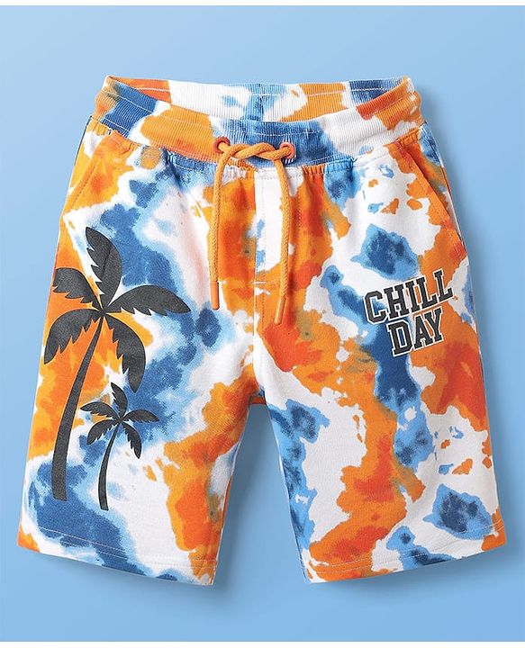 Pine Kids Looper Knit Above Knee Length Shorts With Tropical & Tie & Dye Print - White