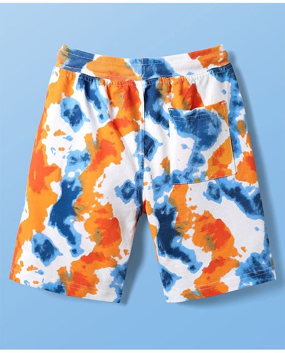 Pine Kids Looper Knit Above Knee Length Shorts With Tropical & Tie & Dye Print - White
