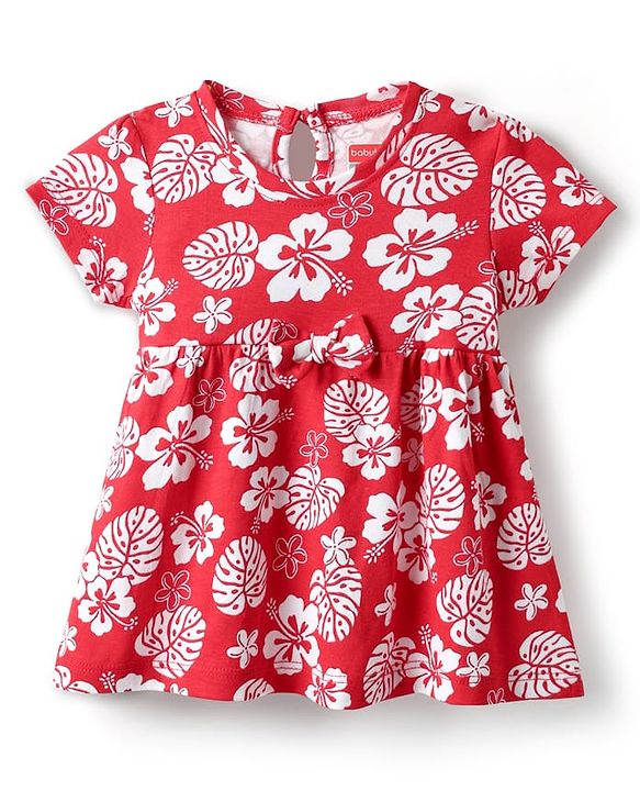 Babyhug Single Jersey Knit Half Sleeves Frock With Floral Print - Red