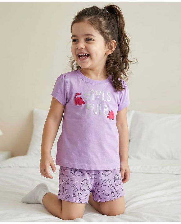 Babyhug 100% Cotton Knit Half Sleeves T-Shirt & Short With Dino Print - Lavender