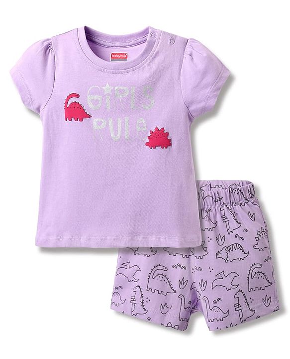 Babyhug 100% Cotton Knit Half Sleeves T-Shirt & Short With Dino Print - Lavender
