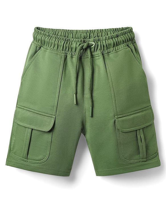 Pine Kids Looper Knit Above Knee Length Solid Shorts With Cargo Pockets - Olive Green