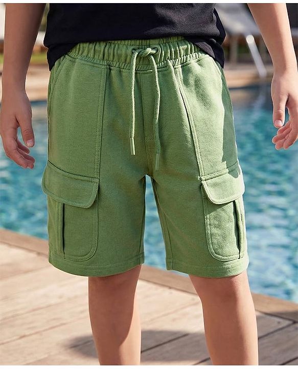 Pine Kids Looper Knit Above Knee Length Solid Shorts With Cargo Pockets - Olive Green