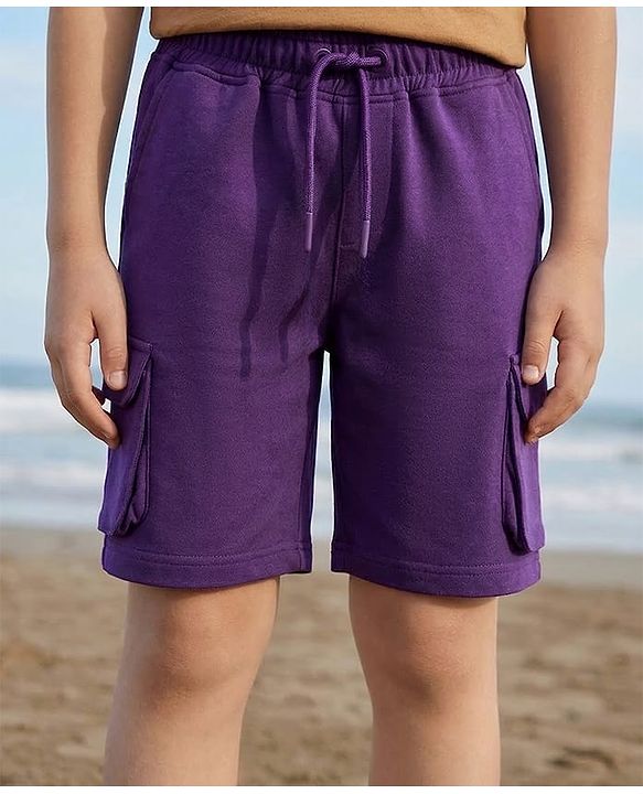 Pine Kids Looper Knit Above Knee Length Solid Colour Shorts - Violet