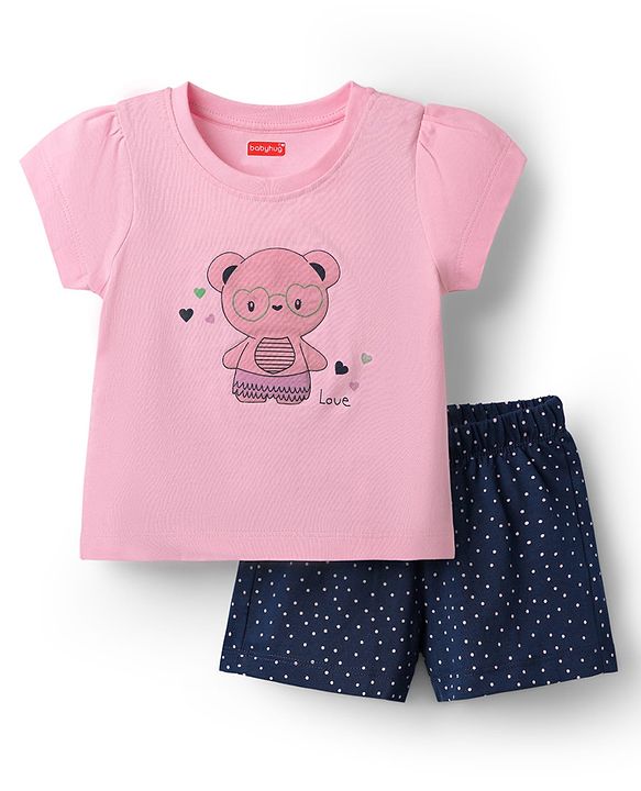 Babyhug Cotton Knit Half Sleeves Shorts Night Suit With Bear Print - Pink & Navy Blue