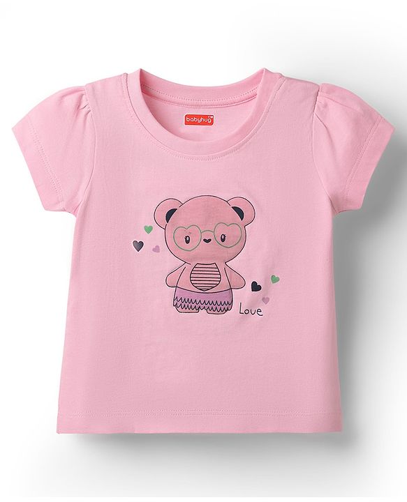 Babyhug Cotton Knit Half Sleeves Shorts Night Suit With Bear Print - Pink & Navy Blue