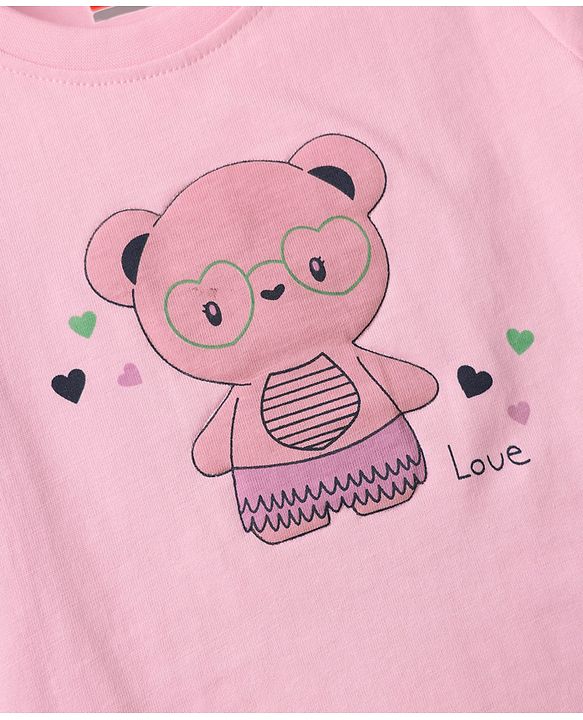 Babyhug Cotton Knit Half Sleeves Shorts Night Suit With Bear Print - Pink & Navy Blue