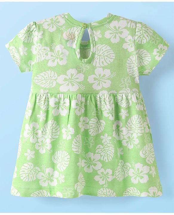 Babyhug Single Jersey Knit Half Sleeves Frock With Floral Print & Bow Applique - Light Green