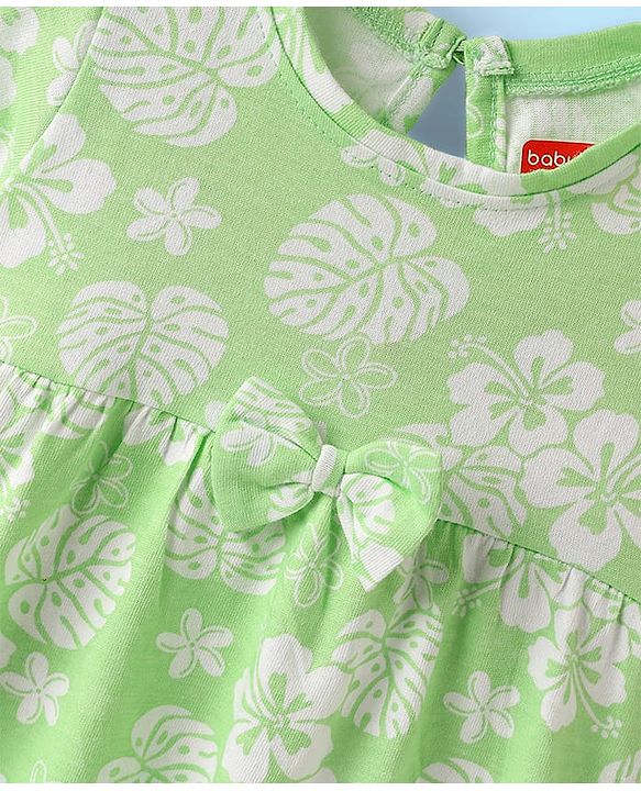Babyhug Single Jersey Knit Half Sleeves Frock With Floral Print & Bow Applique - Light Green