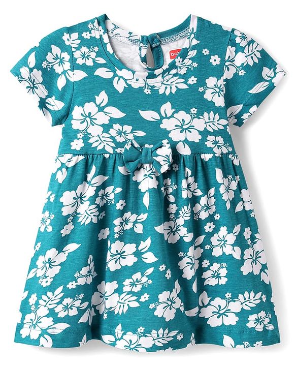 Babyhug 100% Cotton Single Jersey Knit Half Sleeves Frock with Floral Print & Bow Applique - Teal Blue