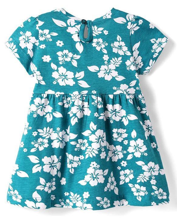 Babyhug 100% Cotton Single Jersey Knit Half Sleeves Frock with Floral Print & Bow Applique - Teal Blue