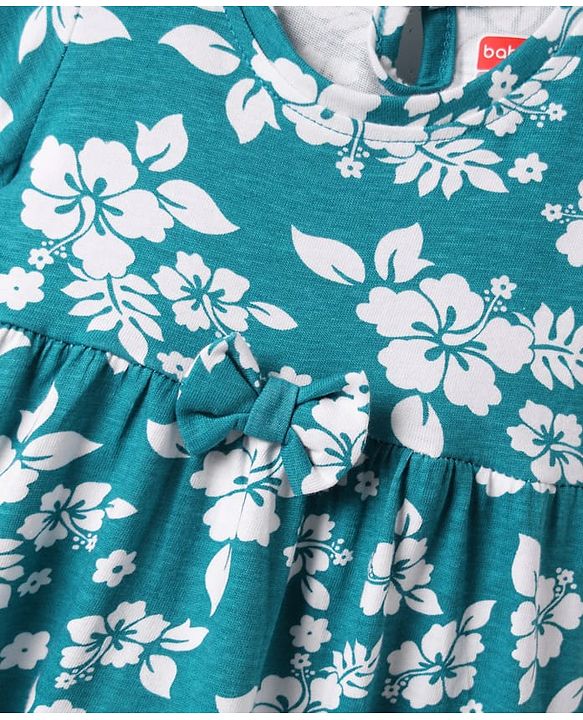 Babyhug 100% Cotton Single Jersey Knit Half Sleeves Frock with Floral Print & Bow Applique - Teal Blue