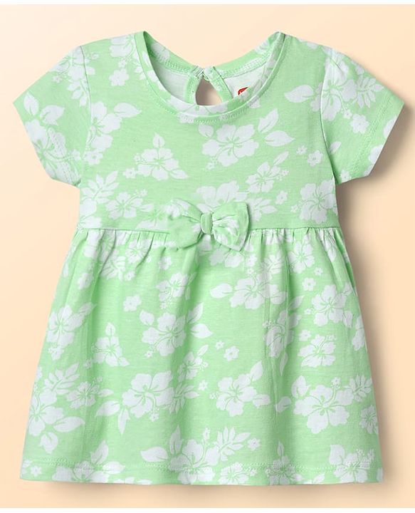 Babyhug Single Jersey Knit Half Sleeves Frock With Floral Print & Bow Applique - Sea Green