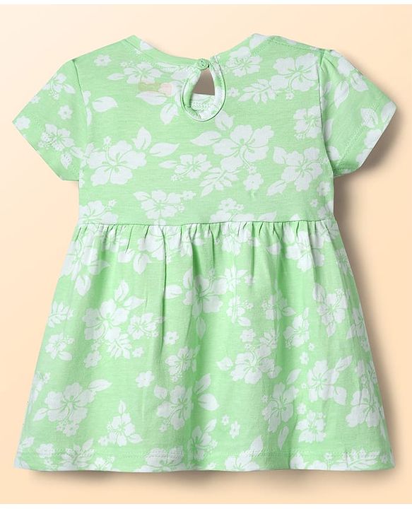 Babyhug Single Jersey Knit Half Sleeves Frock With Floral Print & Bow Applique - Sea Green