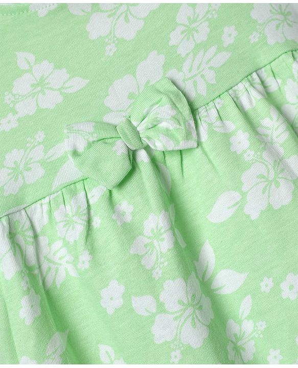 Babyhug Single Jersey Knit Half Sleeves Frock With Floral Print & Bow Applique - Sea Green