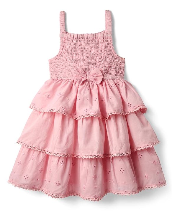 Babyhug Cotton Knit Sleeveless Solid Frock With Schiffli Detailing & Bow Applique - Pink