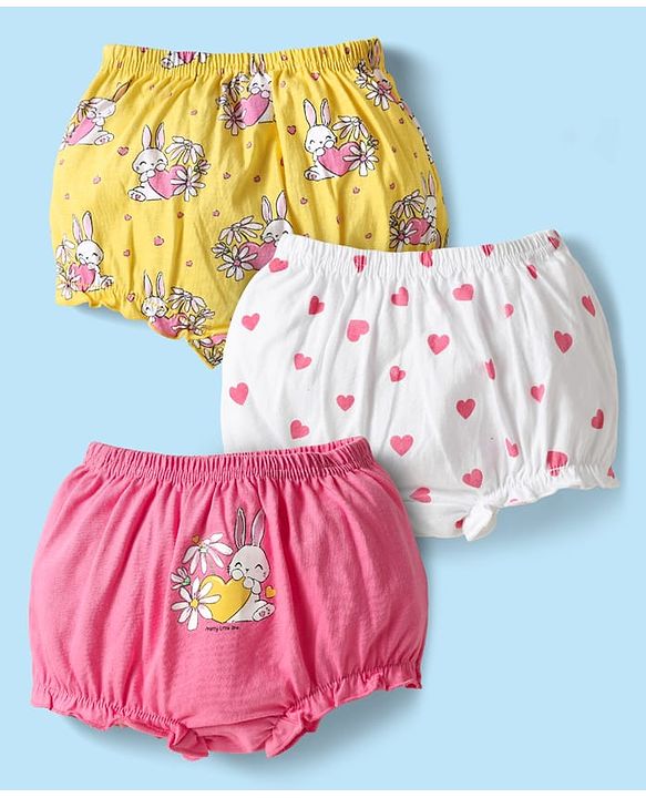 Babyhug 100% Cotton Antibacterial Bloomers With Hearts & Animal Print Pack Of 3 - Yellow White & Dark Pink