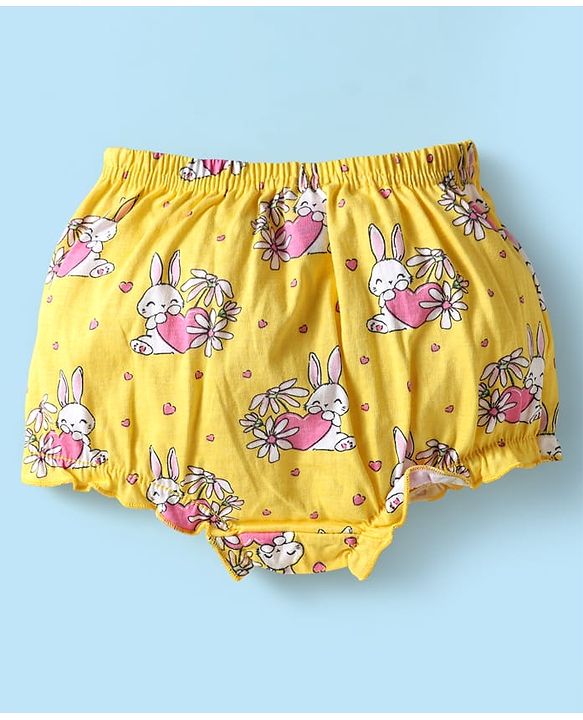 Babyhug 100% Cotton Antibacterial Bloomers With Hearts & Animal Print Pack Of 3 - Yellow White & Dark Pink