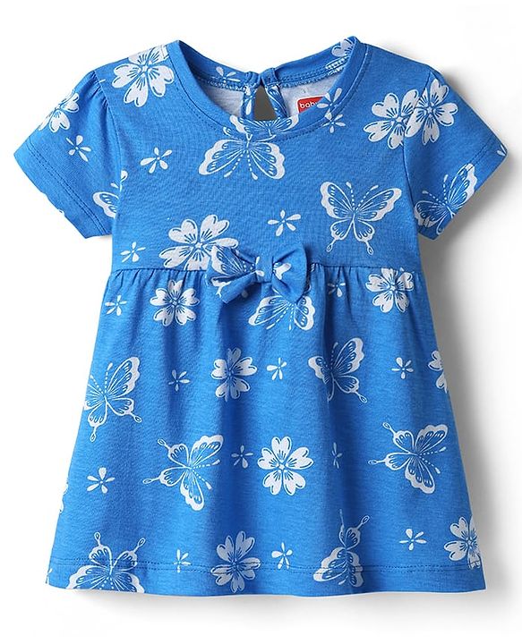 Babyhug Single Jersey Knit Half Sleeves Frock With Floral Print & Bow Applique - Blue
