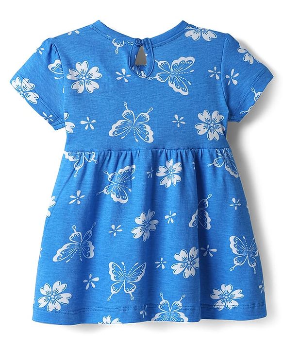 Babyhug 100% Cotton Single Jersey Knit Half Sleeves Frock With Floral Print & Bow Applique - Blue