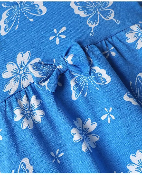 Babyhug 100% Cotton Single Jersey Knit Half Sleeves Frock With Floral Print & Bow Applique - Blue