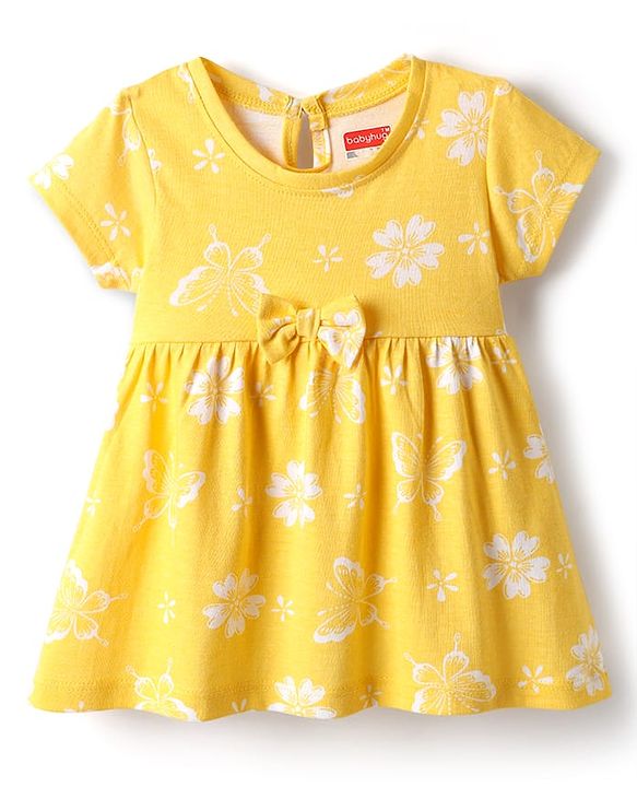 Babyhug Single Jersey Knit Half Sleeves Frock With Floral Print - Yellow