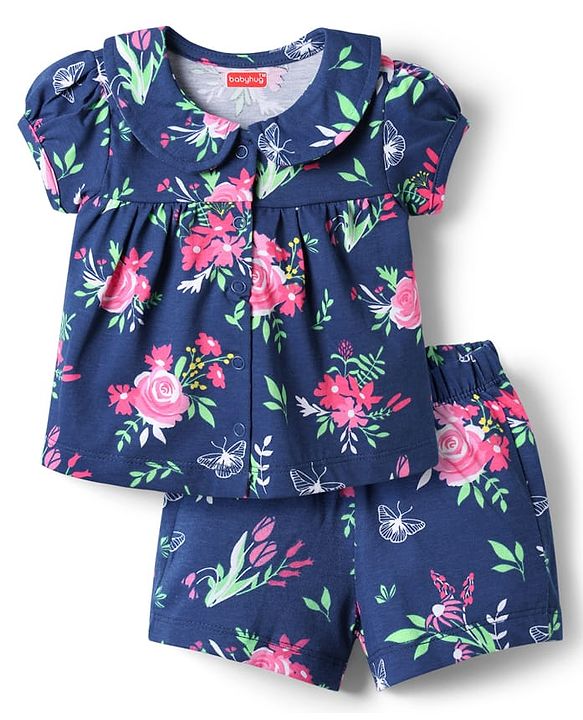 Babyhug Cotton Knit Half Sleeves Peter Pan Collared Night Suit With Floral Print - Navy