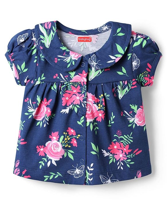 Babyhug Cotton Knit Half Sleeves Peter Pan Collared Night Suit With Floral Print - Navy