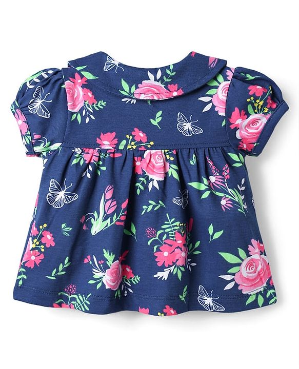 Babyhug Cotton Knit Half Sleeves Peter Pan Collared Night Suit With Floral Print - Navy