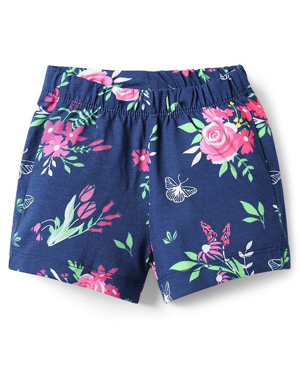Babyhug Cotton Knit Half Sleeves Peter Pan Collared Night Suit With Floral Print - Navy
