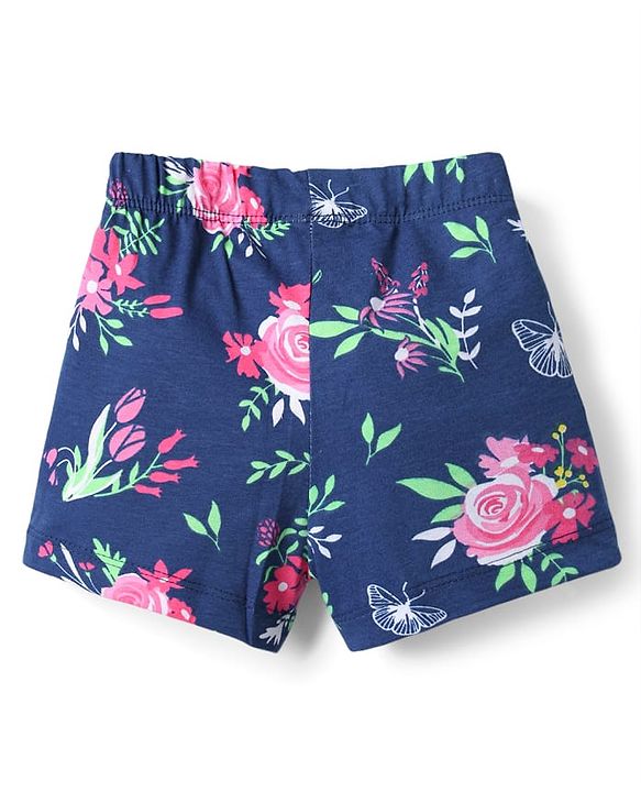 Babyhug Cotton Knit Half Sleeves Peter Pan Collared Night Suit With Floral Print - Navy