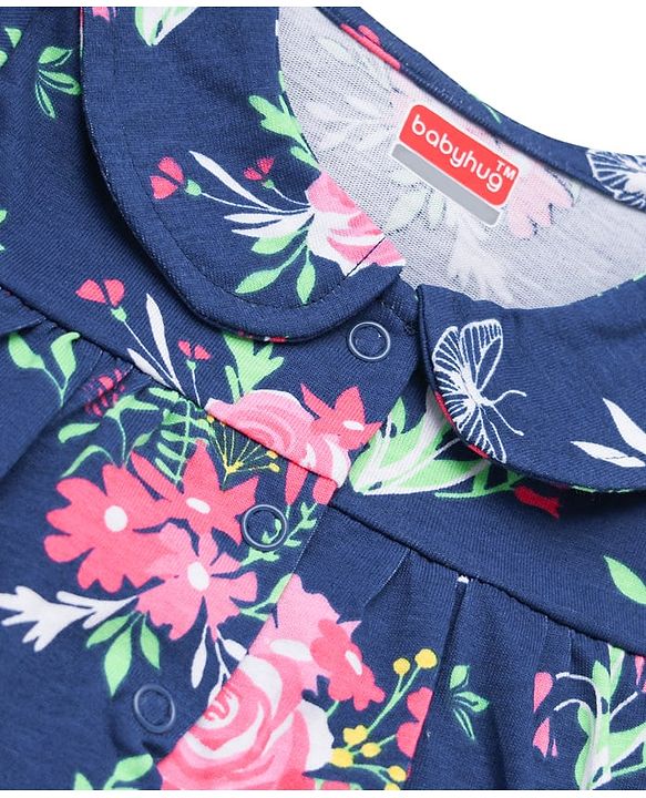 Babyhug Cotton Knit Half Sleeves Peter Pan Collared Night Suit With Floral Print - Navy